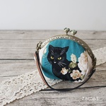 お花がま口ポーチ*クラシックローズと黒猫*グリーン