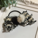 ブラック系ツイードリボン×ミンクファーヘアゴム♡