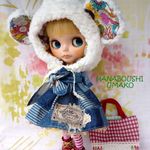 ＊デニムパッチワーク柄ワンピ×もこもこ頭巾＊コーデ８点セット ＊ブライス ＊ blythe outfit ＊ワンピース・ブーツ・帽子＊