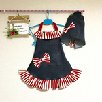 ☆デニムダブルフリルりぼんキッズ&子供エプロンセット
