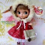 ＊ビターな赤のワンピース×ふわふわ頭巾＊コーデ８点セット ＊ブライス ＊ blythe outfit ＊ワンピース・ブーツ・帽子＊