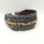 LINTON TWEED♡チェーンアクセント♡お上品ブルー×ブラウンツィードカチューシャ♡幅広