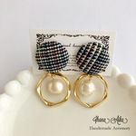 《再販》チェック × ペンタゴンリング × コットンパール ピアス／イヤリング