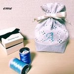 イニシャル巾着【小花レース×水色ストライプ】