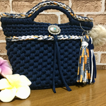 大容量♬ ネイビー×柄 フックドゥ  ズパゲッティ トートバッグ ポンポンファー