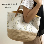  【受注製作】sizeＬ natural×Robobirds  麻かご巾着ラウンドトート  