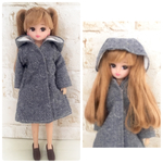 紺のシャンブレーのフード付きコート（リカちゃん、ブライスサイズ）