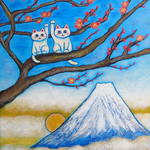 原画 「招き猫の親子と白富士」 F6号 ＃招き猫の絵＃白富士(富士山)の絵＃梅の絵＃絵画＃art＃通販＃縁起物アート