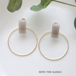 2wayグレーのカボションとフープのビンテージ風シンプルイヤリング