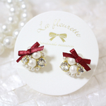 リボン ビジュー ピアス/イヤリング ＊ ボルドー