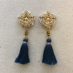 アンティークブルー ビーズ刺繍ピアス＆イヤリング