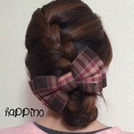 【再販】Bigダブルリボン　ヘアゴムorバレッタ　チェック柄　茶×ピンク