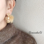 再販☆雪の結晶&ファー イヤリング イエロー