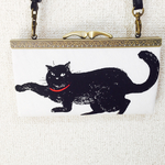 綿麻キャンバス黒猫のショルダー付きがま口長財布*白*0412