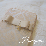 〈ブラウンリボン〉ダマスク柄 イニシャル付 iPhone6plus.6splus ケース