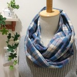 Sale あったか コットン 秋冬スヌード ブルー& パープルチェック　二重巻 