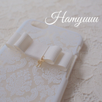 ホワイトダマスク柄 イニシャル付 ホワイトリボン iPhone X ケース