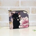 L字ファスナーミニ財布 黒猫と牡丹　モーヴ