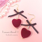 秋冬♡ベロアのハート＆リボンパールピアス(イヤリング)【ボルドー】