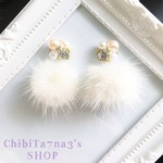 ゆらゆら ファー × ビジュー パール ピアス イヤリング / ピンク ホワイト