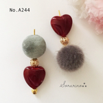 No.A244 お洒落♡⃛ グレー×ボルドー ハートのピアス / イヤリング