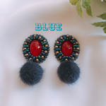 ビーズ刺繍 ファーボールピアスorイヤリング ネイビー