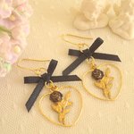 ♡薔薇のハートフープリボンピアス♡（Black） 