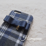 チェック柄 ネイビーリボン イニシャル付  iPhone6/6sケース