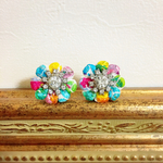 🌈新作💐Fancy tweed of rainbow colored flowers💐🌈ファンシーツイードの虹色の花💐イヤリング🌈✨