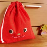 32×30　赤デニム×ピンク紐　くまスマイル巾着大