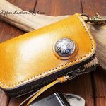 コロンとフォルム!!ハーフジッパー レザーキーケース ハンドメイド 姫路レザー インディアン コンチョ スマートキー lkc28  キャメル