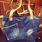 デニムのトートバッグ デニムとレザー ハンドメイド ビンテイジ風