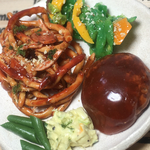 煮込みハンバーグとパスタのプレート