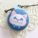 猫/青系22/マカロンコインケース(マカロンポーチ)ストラップ付