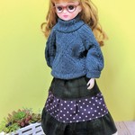 アランニット風ハイネックカットソー　ブルーグリーン＊リカちゃん
