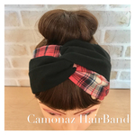 【送料無料】黒×赤タータンチェック ネル生地 クロス型 ヘアバンド  ターバン プレゼント