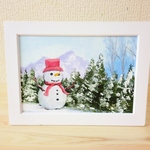 油絵原画『雪だるま』　額縁付き