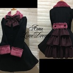 1点物†ファー×ウールの3段フリルコートワンピ★ブラック×ワイン(即納品)