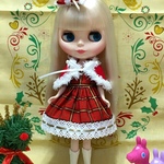 クリスマスワンピース ケープ&ヘアリボン 付  レッド ( ブライス、リカちゃん)