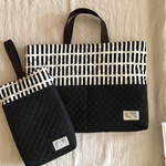 キルティングレッスンバッグ ＆上履き入れ  白黒ブロック×黒デニム②