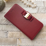 レザー調手帳型スマホケース☆リボンモチーフ☆Phonoeケース☆スマホカバー☆ボルドー
