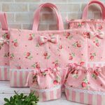 ピンクのイチゴ柄レッスンバッグ５点セット