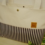 チョコ色ストライプ☆たっぷりトートバッグ☆帆布＆本革タグ