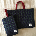 キルティングレッスンバッグ ＆上履き入れ  ブラックウォッチ×紺デニム