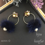 レトロなビジュー×フープファーピアス/イヤリング〈ネイビー〉