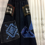 手作り　綿　絣　絵絣　日本手ぬぐい　刺し子　裏付きワイドパンツ