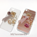 ★[CE27]iPhoneケース ファーボール&ベルベットリボン&イニシャルチャーム 