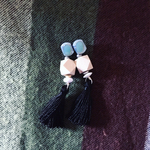 ヴィンテージボタン（水色）×ウッド×タッセルピアス