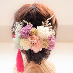 和装大人かわいいパープルピンクお花のヘッドドレス♡プリザーブドフラワー　ヘアピース　髪飾り　ウエディング　結婚式　成人式　卒業式