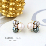 再販 !! 大振り 上品 パール ♡ アイボリー × グリーン ♡ マット & 光沢 ♡ 大人 ビジュー ピアス or イヤリング